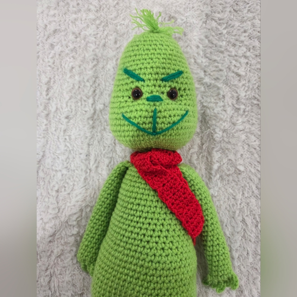 Handmade Green Crochet Doll with Red Scarf